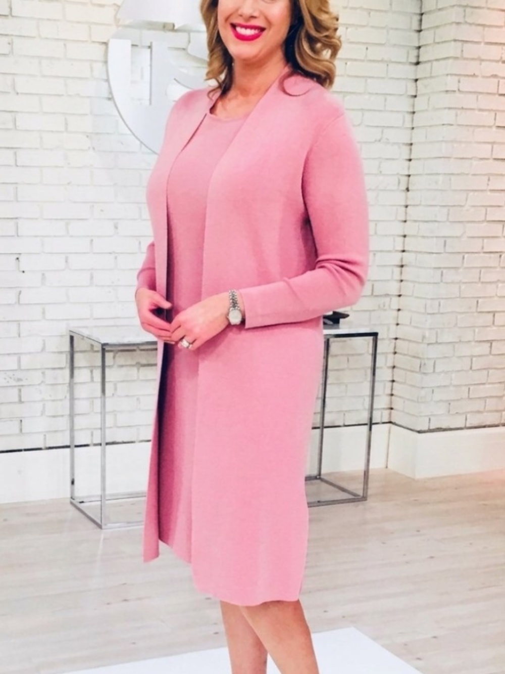 Brian Bailey Dusty Rose 2-Piece Knit Dress & Long Open Cardigan Set Size XXL GUC